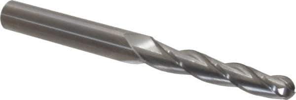 Accupro - 1° Taper Angle per Side, 3/8" Small End Diam, 2-1/4" LOC, Solid Carbide 3 Flute Tapered Ball End Mill - 5" OAL, 1/2" Shank Diam - Eagle Tool & Supply