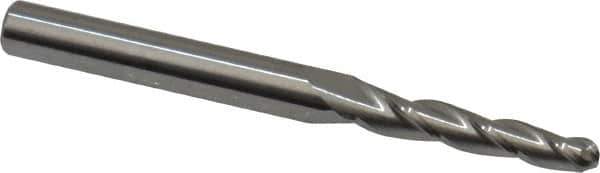 Accupro - 1.5° Taper Angle per Side, 1/8" Small End Diam, 3/4" LOC, Solid Carbide 3 Flute Tapered Ball End Mill - 2" OAL, 3/16" Shank Diam - Eagle Tool & Supply
