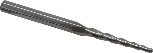Accupro - 2° Taper Angle per Side, 5/64" Small End Diam, 1" LOC, Solid Carbide 3 Flute Tapered Ball End Mill - 2-1/2" OAL, 3/16" Shank Diam - Eagle Tool & Supply