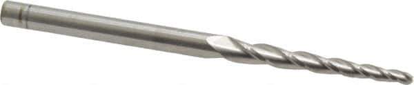 Accupro - 2° Taper Angle per Side, 3/32" Small End Diam, 1-1/4" LOC, Solid Carbide 3 Flute Tapered Ball End Mill - 3" OAL, 3/16" Shank Diam - Eagle Tool & Supply