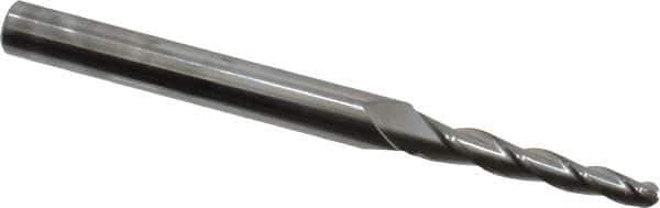 Accupro - 2° Taper Angle per Side, 1/8" Small End Diam, 1" LOC, Solid Carbide 3 Flute Tapered Ball End Mill - 3" OAL, 1/4" Shank Diam - Eagle Tool & Supply