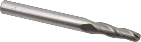 Accupro - 2° Taper Angle per Side, 3/16" Small End Diam, 3/4" LOC, Solid Carbide 3 Flute Tapered Ball End Mill - 2-1/2" OAL, 1/4" Shank Diam - Eagle Tool & Supply