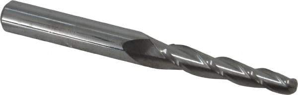 Accupro - 2° Taper Angle per Side, 3/16" Small End Diam, 1-1/4" LOC, Solid Carbide 3 Flute Tapered Ball End Mill - 3" OAL, 5/16" Shank Diam - Eagle Tool & Supply