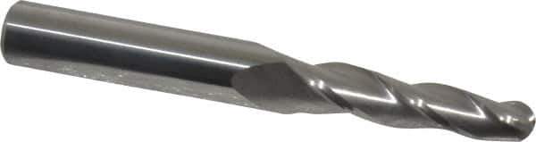 Accupro - 2° Taper Angle per Side, 1/4" Small End Diam, 1-1/4" LOC, Solid Carbide 3 Flute Tapered Ball End Mill - 3" OAL, 3/8" Shank Diam - Eagle Tool & Supply