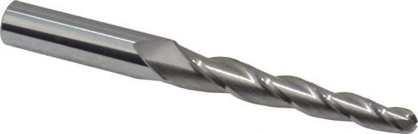 Accupro - 2° Taper Angle per Side, 1/4" Small End Diam, 2-1/4" LOC, Solid Carbide 3 Flute Tapered Ball End Mill - 4" OAL, 7/16" Shank Diam - Eagle Tool & Supply