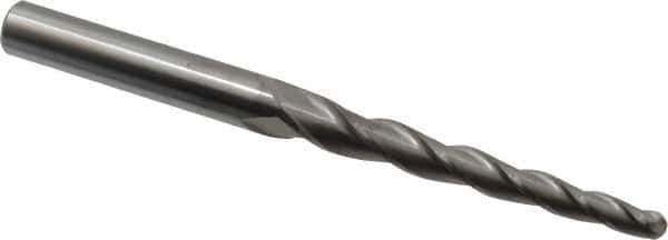 Accupro - 2° Taper Angle per Side, 1/4" Small End Diam, 3-1/4" LOC, Solid Carbide 3 Flute Tapered Ball End Mill - 6" OAL, 1/2" Shank Diam - Eagle Tool & Supply