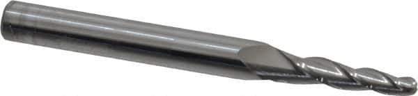 Accupro - 3° Taper Angle per Side, 1/8" Small End Diam, 3/4" LOC, Solid Carbide 3 Flute Tapered Ball End Mill - 2-1/2" OAL, 1/4" Shank Diam - Eagle Tool & Supply