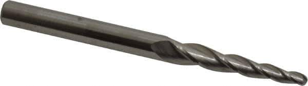 Accupro - 3° Taper Angle per Side, 1/8" Small End Diam, 1-1/4" LOC, Solid Carbide 3 Flute Tapered Ball End Mill - 3" OAL, 1/4" Shank Diam - Eagle Tool & Supply