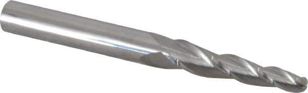 Accupro - 3° Taper Angle per Side, 3/16" Small End Diam, 1-1/4" LOC, Solid Carbide 3 Flute Tapered Ball End Mill - 3" OAL, 5/16" Shank Diam - Eagle Tool & Supply