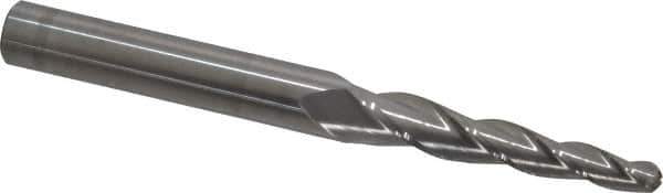 Accupro - 3° Taper Angle per Side, 1/4" Small End Diam, 2-1/4" LOC, Solid Carbide 3 Flute Tapered Ball End Mill - 5" OAL, 1/2" Shank Diam - Eagle Tool & Supply