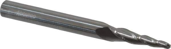 Accupro - 5° Taper Angle per Side, 3/32" Small End Diam, 3/4" LOC, Solid Carbide 3 Flute Tapered Ball End Mill - 2-1/2" OAL, 1/4" Shank Diam - Eagle Tool & Supply