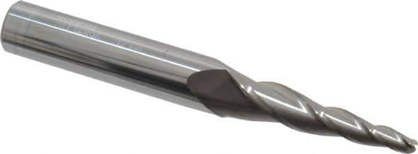 Accupro - 5° Taper Angle per Side, 1/8" Small End Diam, 1-1/4" LOC, Solid Carbide 3 Flute Tapered Ball End Mill - 3" OAL, 3/8" Shank Diam - Eagle Tool & Supply