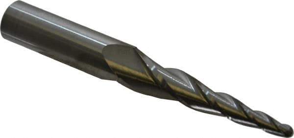 Accupro - 5° Taper Angle per Side, 3/16" Small End Diam, 2-1/2" LOC, Solid Carbide 3 Flute Tapered Ball End Mill - 4-5/8" OAL, 3/8" Shank Diam - Eagle Tool & Supply
