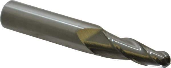 Accupro - 5° Taper Angle per Side, 1/4" Small End Diam, 1" LOC, Solid Carbide 3 Flute Tapered Ball End Mill - 2-3/4" OAL, 7/16" Shank Diam - Eagle Tool & Supply