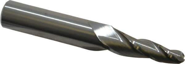 Accupro - 5° Taper Angle per Side, 1/4" Small End Diam, 1-1/4" LOC, Solid Carbide 3 Flute Tapered Ball End Mill - 3-1/4" OAL, 1/2" Shank Diam - Eagle Tool & Supply