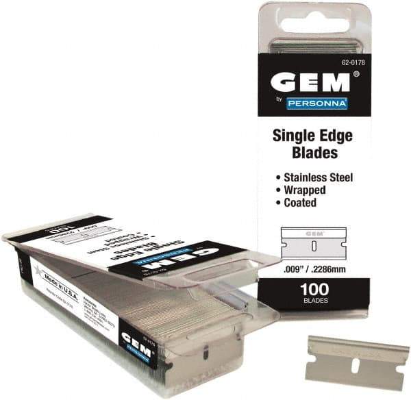 GEM - 100 Piece Stainless Steel Single Edge Blade - 1-1/2" OAL, 0.009" Blade Thickness - Eagle Tool & Supply