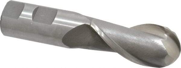 Interstate - 1-1/8" Diam, 2-1/4" LOC, 2 Flute High Speed Steel Ball End Mill - Uncoated, Single End, 4-3/4" OAL, 1" Shank Diam, Spiral Flute - Eagle Tool & Supply