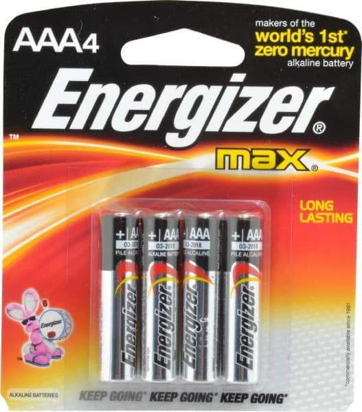 Energizer - Size AAA, Alkaline, 4 Pack, Standard Battery - 1.5 Volts, Button Tab Terminal, LR03, ANSI, IEC Regulated - Eagle Tool & Supply
