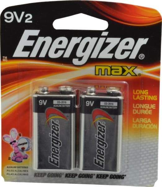 Energizer - Size 9V, Alkaline, 2 Pack, Standard Battery - 9 Volts, Miniature Snap Terminal, 6LR61, ANSI, IEC Regulated - Eagle Tool & Supply