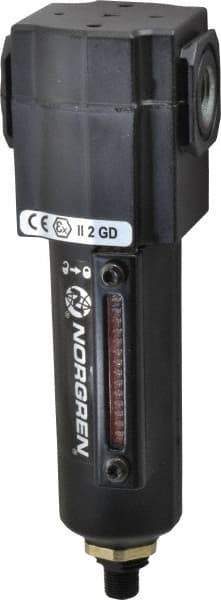 Norgren - 1/4" Port, 6.02" High x 1.98" Wide Compact Filter with Metal Bowl, Automatic Drain - 55 SCFM, 150 Max psi, 150°F Max Temp, Sight Glass Included, Modular Connection, 2.2 oz Bowl Capacity - Eagle Tool & Supply