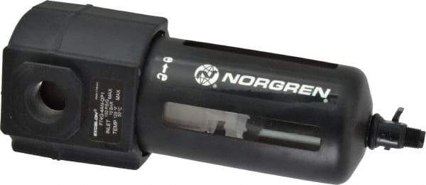 Norgren - 1/2" Port, 7.95" High x 3.15" Wide Standard Filter with Polycarbonate Bowl, Manual Drain - 140 SCFM, 150 Max psi, 125°F Max Temp, Modular Connection, Bowl Guard, 7 oz Bowl Capacity - Eagle Tool & Supply