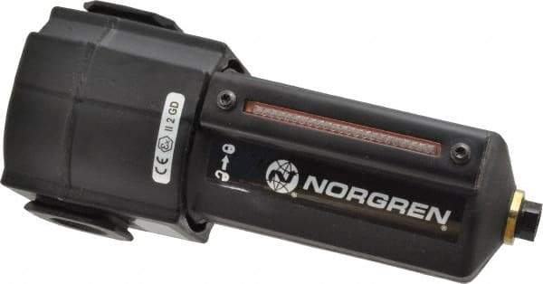 Norgren - 1/2" Port, 7.95" High x 3.15" Wide Standard Filter with Metal Bowl, Automatic Drain - 140 SCFM, 250 Max psi, 150°F Max Temp, Sight Glass Included, Modular Connection, 7 oz Bowl Capacity - Eagle Tool & Supply
