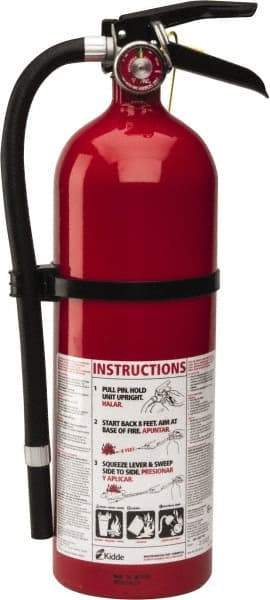 Kidde - 5 Lb, 3-A:40-B:C Rated, Dry Chemical Fire Extinguisher - 4-1/2" Diam x 16.07" High, 195 psi, 18' Discharge in 15 sec, Rechargeable, Seamless Aluminum Cylinder - Eagle Tool & Supply