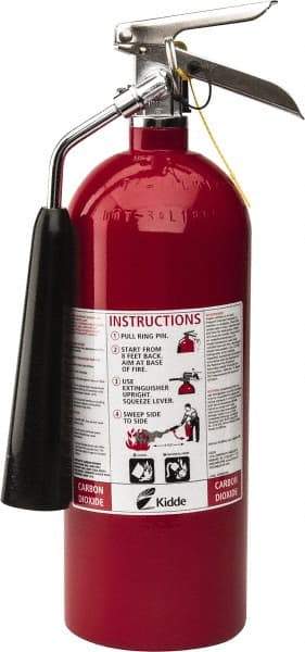 Kidde - 5 Lb, 10-A:80-B:C Rated, Carbon Dioxide Fire Extinguisher - 5-1/4" Diam x 17" High, 850 psi, 8' Discharge in 9 sec, Rechargeable, Aluminum Cylinder - Eagle Tool & Supply