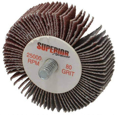 Superior Abrasives - 2" Diam x 1/2" Face Width, Medium Aluminum Oxide Coated Mounted Flap Wheel - 1/4-20 Threaded Mount, 80 Grit, X Weighted Cloth Backing, 25,000 Max RPM - Eagle Tool & Supply