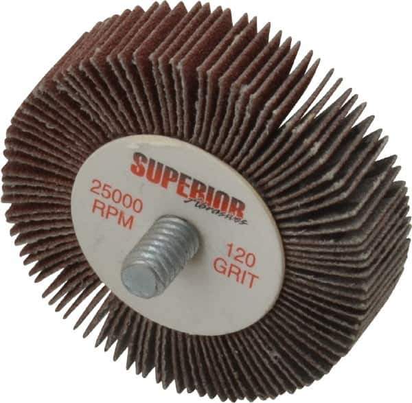 Superior Abrasives - 2" Diam x 1/2" Face Width, Fine Aluminum Oxide Coated Mounted Flap Wheel - 1/4-20 Threaded Mount, 120 Grit, X Weighted Cloth Backing, 25,000 Max RPM - Eagle Tool & Supply