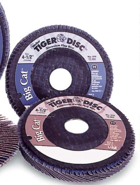 Weiler - 80 Grit, 7" Disc Diam, 7/8" Center Hole, Type 27 Zirconia Alumina Flap Disc - 8,600 Max RPM, Phenolic Backing, Arbor Attaching System, Coated - Eagle Tool & Supply