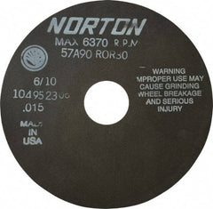 Norton - 6" 90 Grit Aluminum Oxide Cutoff Wheel - 0.015" Thick, 1-1/4" Arbor, 6,370 Max RPM, Use with Stationary Tools - Eagle Tool & Supply