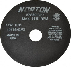 Norton - 7" 60 Grit Aluminum Oxide Cutoff Wheel - 1/32" Thick, 1-1/4" Arbor, 5,185 Max RPM, Use with Stationary Tools - Eagle Tool & Supply