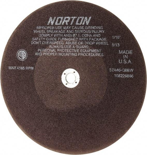 Norton - 10" 46 Grit Aluminum Oxide Cutoff Wheel - 1/16" Thick, 5/8" Arbor, 4,585 Max RPM, Use with Stationary Tools - Eagle Tool & Supply