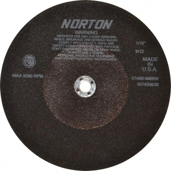 Norton - 10" 60 Grit Aluminum Oxide Cutoff Wheel - 1/16" Thick, 5/8" Arbor, 4,585 Max RPM, Use with Stationary Tools - Eagle Tool & Supply