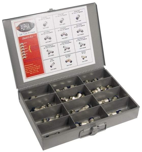 Alpha Technologies - 36 Piece, Swift Fit Push In Fitting Metric Kit - 3/8 to 1/2" Thread, 12mm Tube - Eagle Tool & Supply