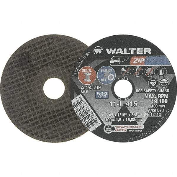 WALTER Surface Technologies - 4" 24 Grit Aluminum Oxide Cutoff Wheel - 1/16" Thick, 5/8" Arbor, 19,100 Max RPM, Use with Die Grinders - Eagle Tool & Supply