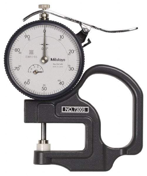 Mitutoyo - 0 to 1/2 Inch Measurement, 0.001 Inch Graduation, 1.1811 Inch Throat Depth, Dial Thickness Gage - 0.001 Inch Accuracy, 1.4 N Force, 2 Inch Dial Diameter - Eagle Tool & Supply