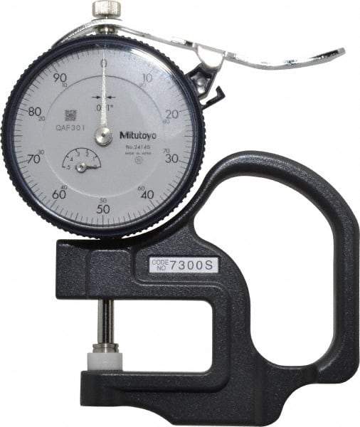 Mitutoyo - 0 to 1/2 Inch Measurement, 0.001 Inch Graduation, 1.1811 Inch Throat Depth, Dial Thickness Gage - 0.001 Inch Accuracy, 1.4 N Force, 2 Inch Dial Diameter - Eagle Tool & Supply