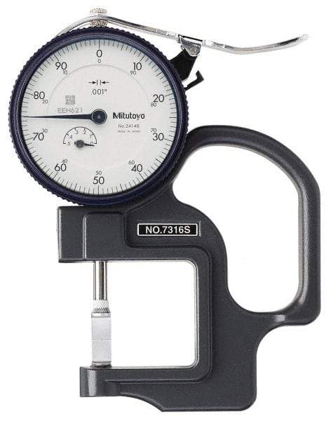 Mitutoyo - 0 to 1/2 Inch Measurement, 0.001 Inch Graduation, 1.1811 Inch Throat Depth, Dial Thickness Gage - 0.001 Inch Accuracy, 1.4 N Force, 2 Inch Dial Diameter - Eagle Tool & Supply