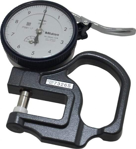 Mitutoyo - 0 to 0.05 Inch Measurement, 0.00005 Inch Graduation, 1.1811 Inch Throat Depth, Dial Thickness Gage - 0.0002 Inch Accuracy, 1.4 N Force, 2 Inch Dial Diameter - Eagle Tool & Supply
