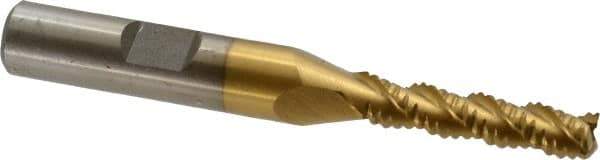 Interstate - 1/4" Diam, Coarse Pitch, 1-1/8" LOC, 3 Flute Cobalt Roughing Square End Mill - TiN Finish, 2-15/16" OAL, 3/8" Shank Diam, Single End, Centercutting - Eagle Tool & Supply