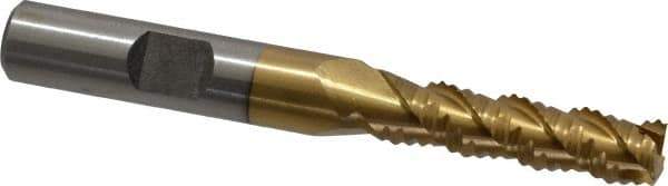 Interstate - 5/16" Diam, Coarse Pitch, 1-1/8" LOC, 3 Flute Cobalt Roughing Square End Mill - TiN Finish, 2-15/16" OAL, 3/8" Shank Diam, Single End, Centercutting - Eagle Tool & Supply
