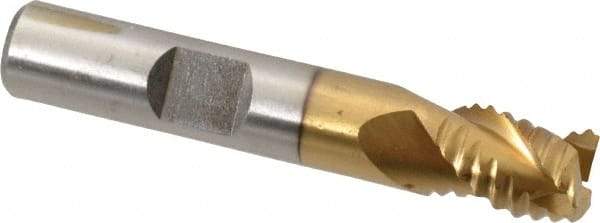Interstate - 3/8" Diam, Coarse Pitch, 7/16" LOC, 3 Flute Cobalt Roughing Square End Mill - TiN Finish, 2-3/16" OAL, 3/8" Shank Diam, Single End, Centercutting - Eagle Tool & Supply