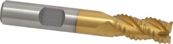 Interstate - 3/8" Diam, Coarse Pitch, 3/4" LOC, 3 Flute Cobalt Roughing Square End Mill - TiN Finish, 2-1/2" OAL, 3/8" Shank Diam, Single End, Centercutting - Eagle Tool & Supply