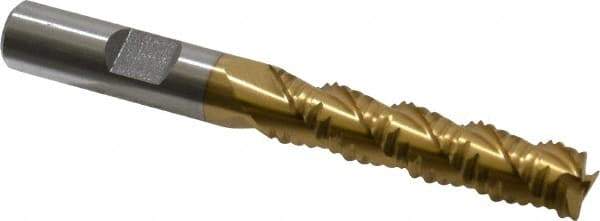 Interstate - 3/8" Diam, Coarse Pitch, 1-5/8" LOC, 3 Flute Cobalt Roughing Square End Mill - TiN Finish, 3-3/16" OAL, 3/8" Shank Diam, Single End, Centercutting - Eagle Tool & Supply