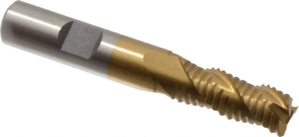 Interstate - 15/32" Diam, Coarse Pitch, 1-1/4" LOC, 3 Flute Cobalt Roughing Square End Mill - TiN Finish, 3-1/4" OAL, 1/2" Shank Diam, Single End, Centercutting - Eagle Tool & Supply