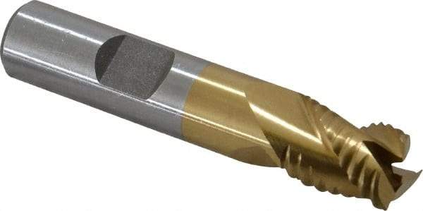 Interstate - 1/2" Diam, Coarse Pitch, 5/8" LOC, 3 Flute Cobalt Roughing Square End Mill - TiN Finish, 2-5/8" OAL, 1/2" Shank Diam, Single End, Centercutting - Eagle Tool & Supply