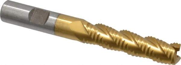 Interstate - 1/2" Diam, Coarse Pitch, 2" LOC, 3 Flute Cobalt Roughing Square End Mill - TiN Finish, 4" OAL, 1/2" Shank Diam, Single End, Centercutting - Eagle Tool & Supply