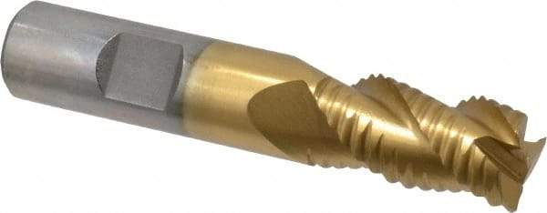 Interstate - 5/8" Diam, Coarse Pitch, 1-1/4" LOC, 3 Flute Cobalt Roughing Square End Mill - TiN Finish, 3-3/8" OAL, 5/8" Shank Diam, Single End, Centercutting - Eagle Tool & Supply